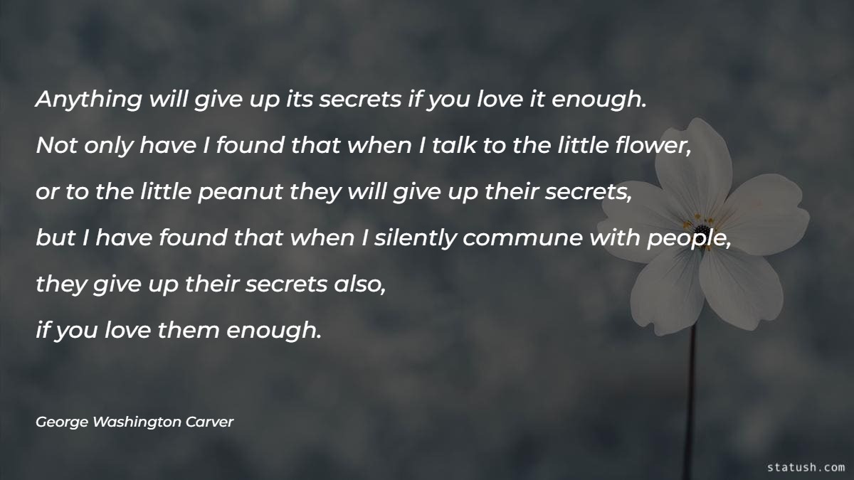 Anything will give up its secrets if you love it enough. Not only have I found that when I talk to the little flower or to the little peanut they will give up their secrets Motivational Quotes at statush.com